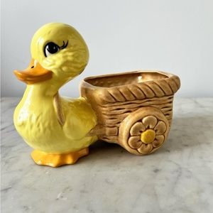 VINTAGE Yellow Duck with Cart • Ceramic Flower Planter • Vase 🐥